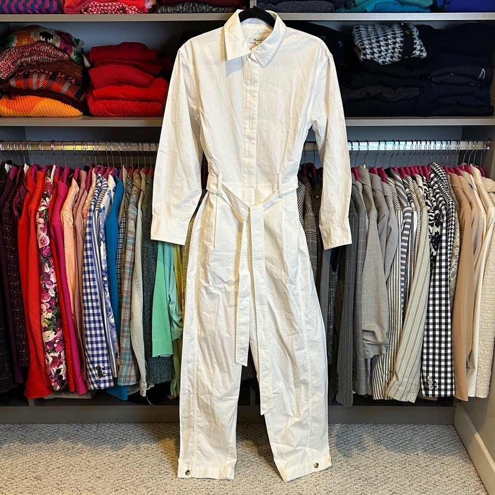 Madewell white long sleeve 2 pocket belted jumpsuit size S NWT
